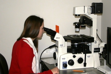 Lindsey Shipp looks through a microscope.